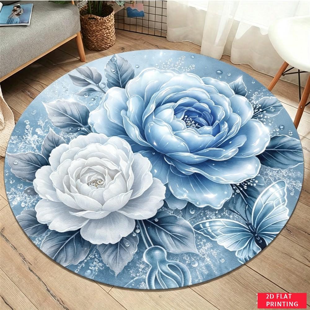 Blue Rose Butterfly Round Printed Carpet Living Room Bedroom Home Decor Non Slip Floor Mat Floral Elegance