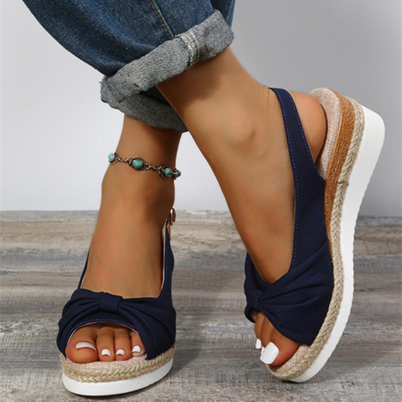 Spring and Summer Footwear Wedge Sandals Fishmouth High Heels Buckle with Straw Sandals Plus Size Women's Shoes.