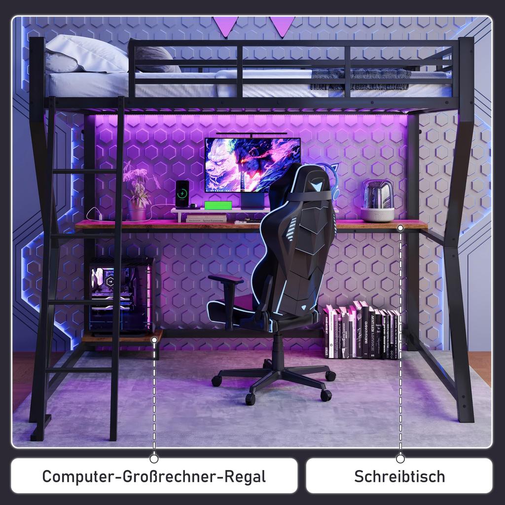 Hochbett Schreibtisch 90x200cm Kinder/Erwachsene, Ambientelicht, Steckdosen & USB, Metallbettgestell Lattenrost, Schwarz (ohne Matratze)