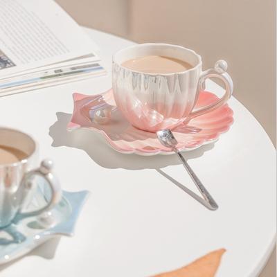 Pearl Shell Design Ceramics Mug with Pillow Tray,Afternoon Coffee Mug Tea Mug Premium and Exquisite Household Mugs and Plate Set