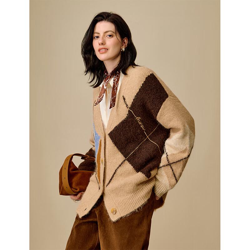 INMAN Women's Retro Argyle V-Neck Knit Cardigan