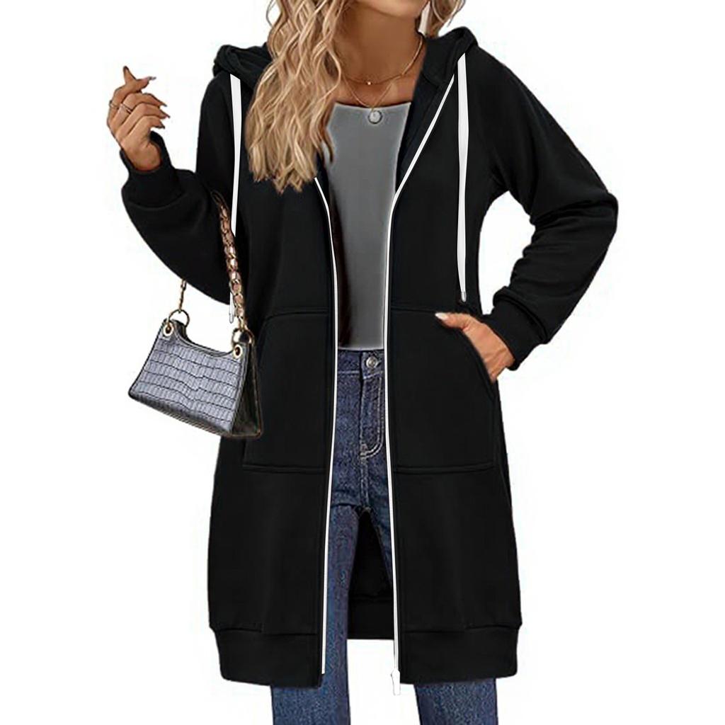 Damen Einfarbig Slim Fit Reißverschluss Rundhals Langarm Locker Kapuzenmantel Mittellang