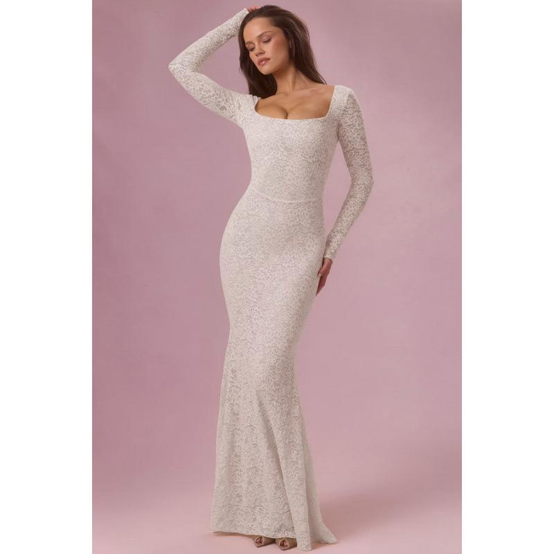 2026 European and American new square collar backless lace long-sleeved fishtail dress light luxury flower lace hip dress dress S белый