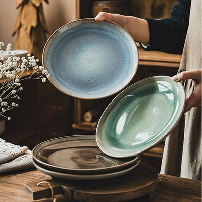 Retro Kiln-Changed Plate Japanese Dish Plate Household Ceramic Plate Tableware Large Plate Round Plate Restaurant Exquisite Plate