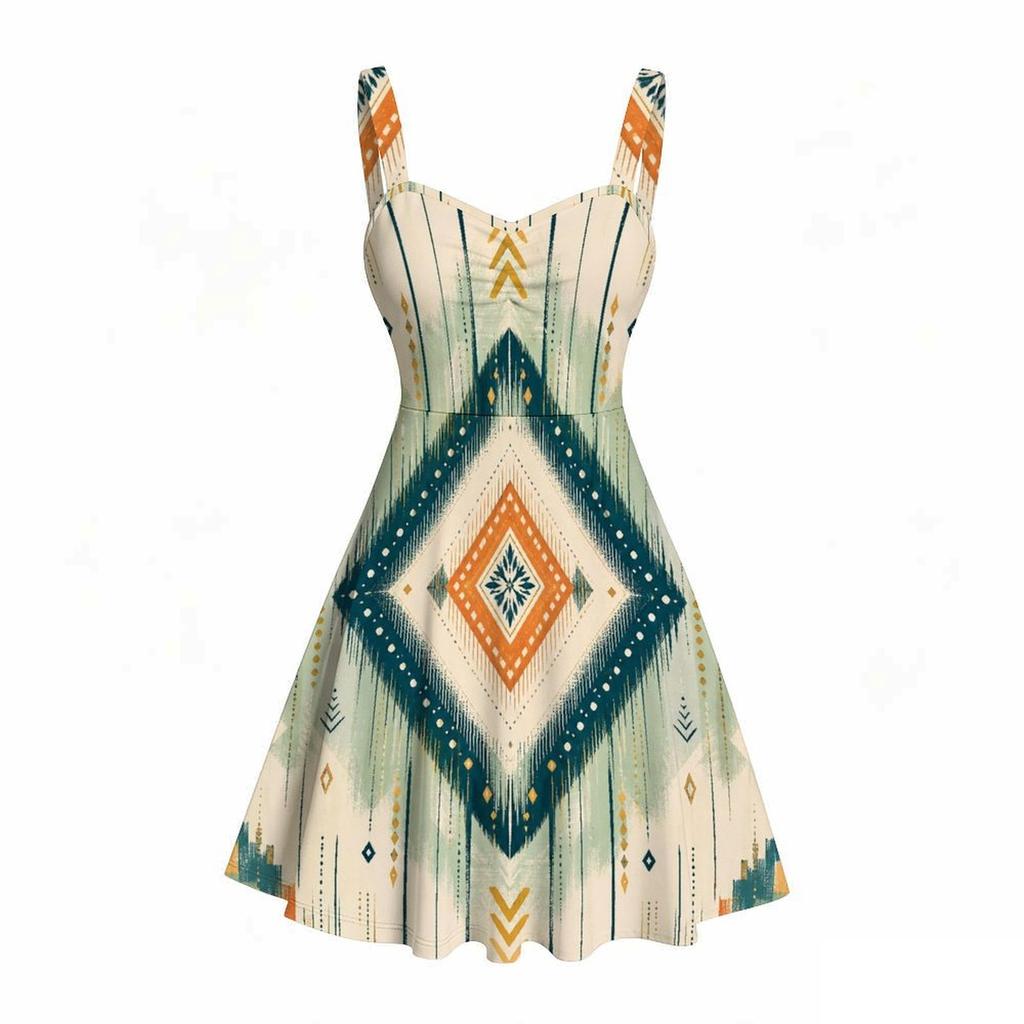 Women S Plus Size Off Shoulder Square Neck Strappy Sleeveless Printed Flared Dress