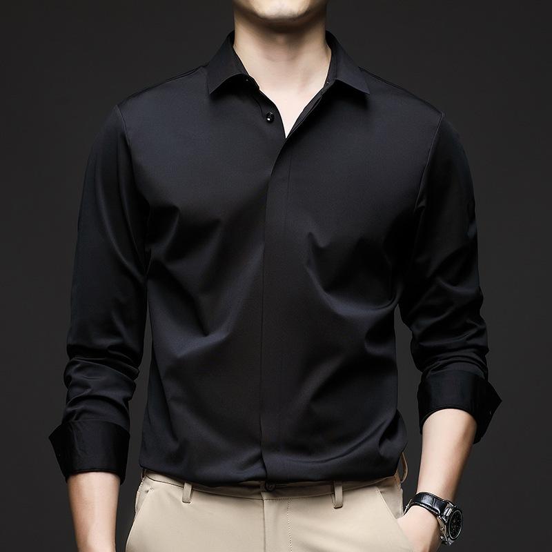 Men’s High-End Hidden Placket Long Sleeve Ice Silk Dress Shirt