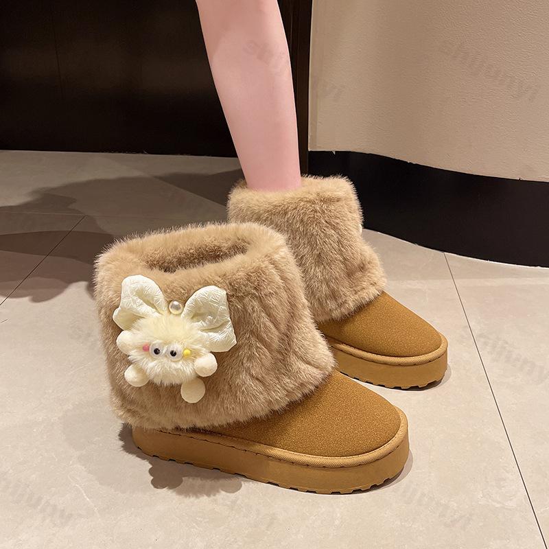 Women Snow Boots 2026 Winter Plush Warm Anti Slip Comfortable Ankle Boots Fluffy Round Toe Platform Butterfly Knot Cotton Boots
