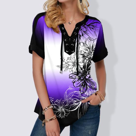 

Футболка с цветным принтом и шнуровкой, женская свободная блузка с коротким рукавом