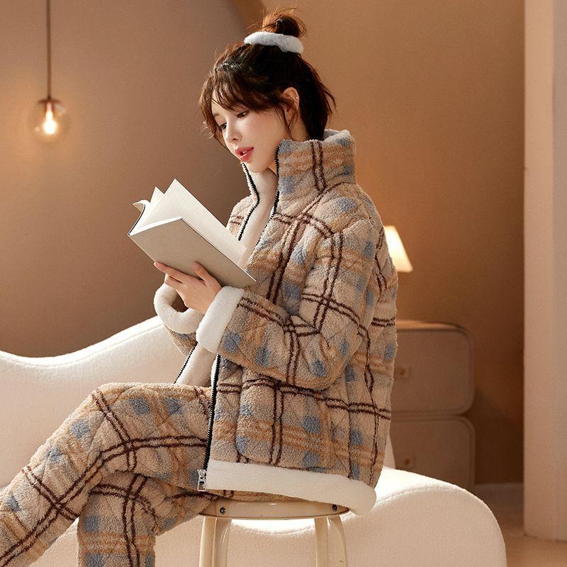 

Новая пижама из кораллового бархата для женщин, зимняя домашняя одежда, трехслойный утепленный костюм, женская фланелевая верхняя одежда, комплекты домашней одежды для девочек 2XL