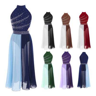 Παιδικό Φόρεμα Σκηνικής Εμφάνισης Μοντέρνο Κοστούμι Λυρικού Χορού Κοριτσιών με Ψηλό Λαιμό Χωρίς Μανίκια Σιφόν με Στρας για Διαγωνισμό