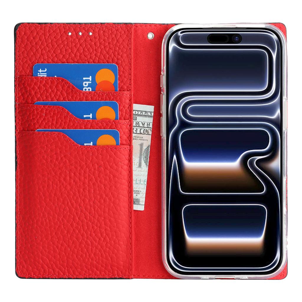 For iPhone 17 Pro Wallet Case Genuine Cow Leather Phone Cover Litchi Texture