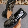 Women's Round-Toe Stone-Texture Thick-Soled Slip-On Loafers, British Style, Available In Large Sizes.