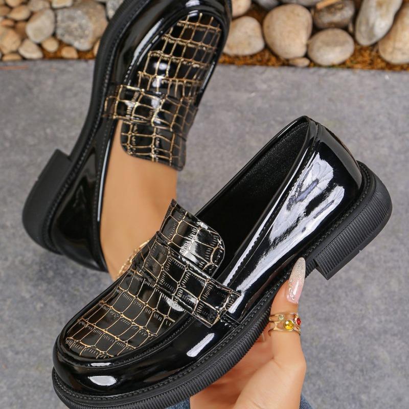 Women's Round-Toe Stone-Texture Thick-Soled Slip-On Loafers, British Style, Available In Large Sizes.