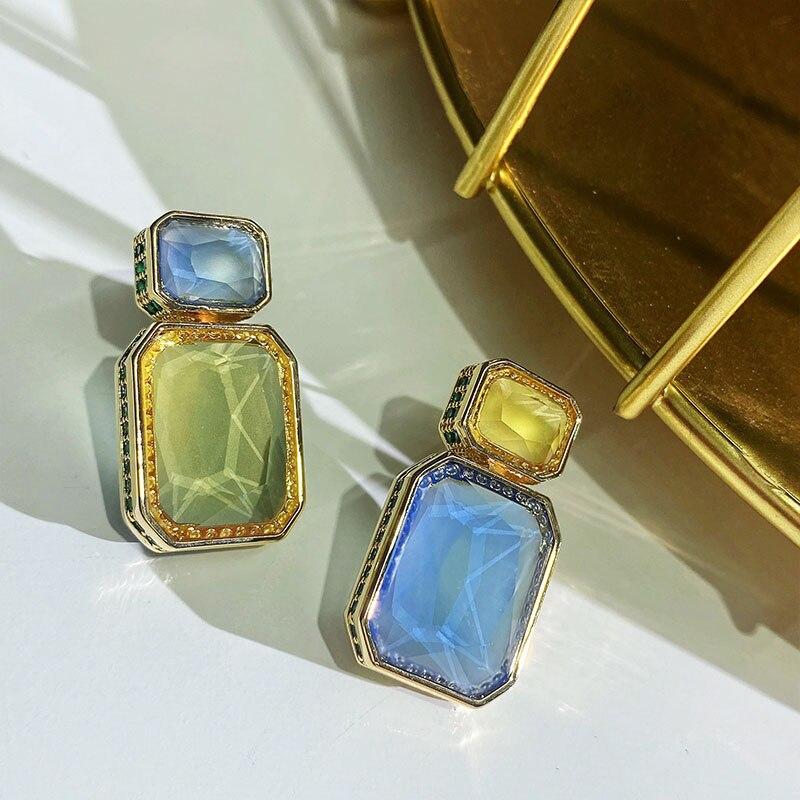 Top New Luxury Square Pendant Drop Style Olive Yellow Blue Crystal Side Inlay Zirconia S925 Silver Earrings For Women Jewelry