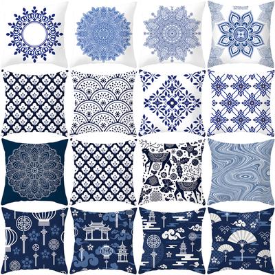 Povlak na polštář s broskvovým povrchem Modrobílý porcelán Geometrický potisk Abstraktní potah na polštář na pohovku Potah na bederní polštář do kanceláře