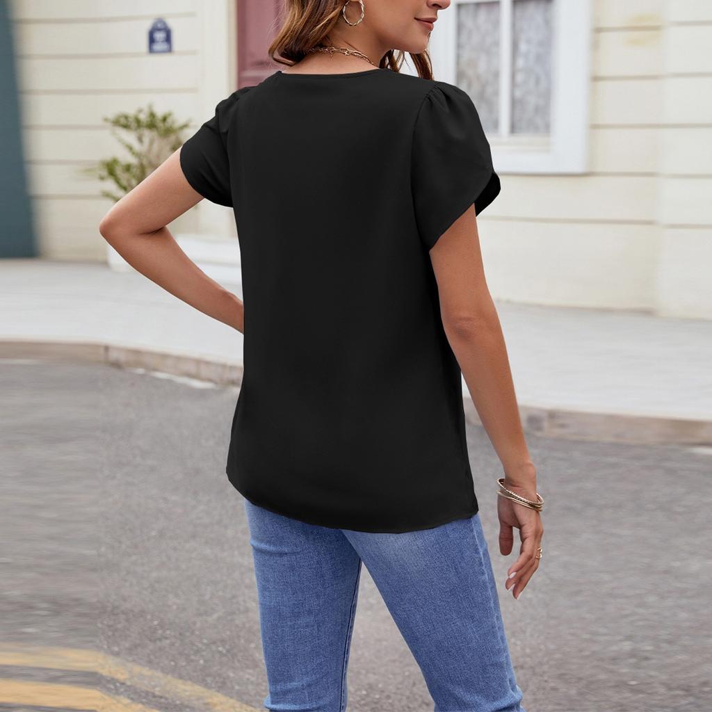 Damen Lockeres, lässiges, einfarbiges, kurzärmliges Chiffon-Shirt mit V-Ausschnitt und Perlen