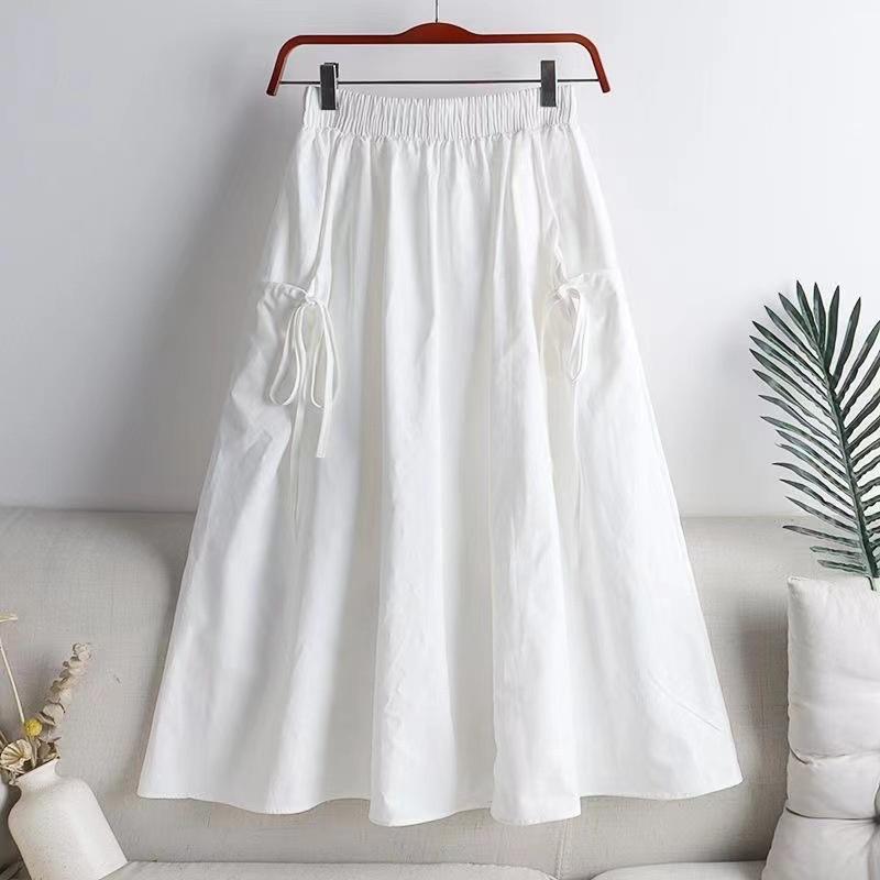 Drawstring midi skirt for women, 2026 summer new style, versatile solid color, drawstring pocket, elastic waist, mid-length workwear skirt