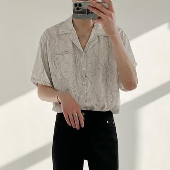 Men's Printed Short Sleeve Shirt Button Down Lapel Shirt with Pocket Summer Casual Beach Top for Vacation Travel