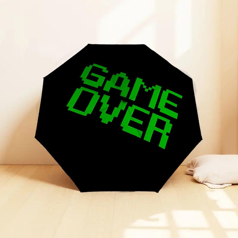 Game Over Pixel Art Design Automatic Opening Folding Umbrella with 8-Bone Iron Frame - Portable and Durable for Travelers, Fans, and Everyda