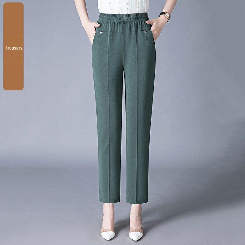 Women's Lightweight Ice Silk High-Waist Casual Pants for Summer - Mid to Elderly, Loose Fit, Nine-Length