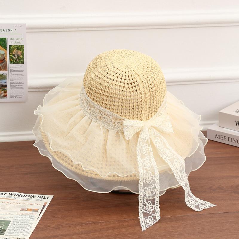 Summer Bow Sun Hat Female, Seaside Beach Vacation Sun Hat Outdoor Big Brim Sun Hat Sweet Straw Hat
