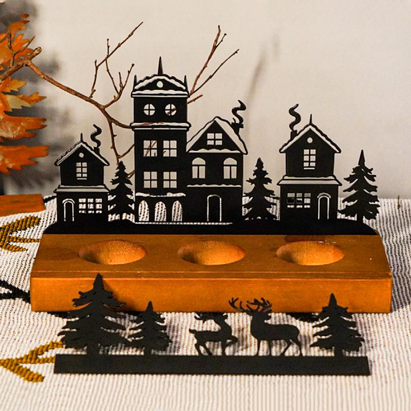 1PC Metal Rustic Wooden Holiday With Reindeer Design Festive Black Silhouette Candlesticks Desk Top Decor 2 Sizes