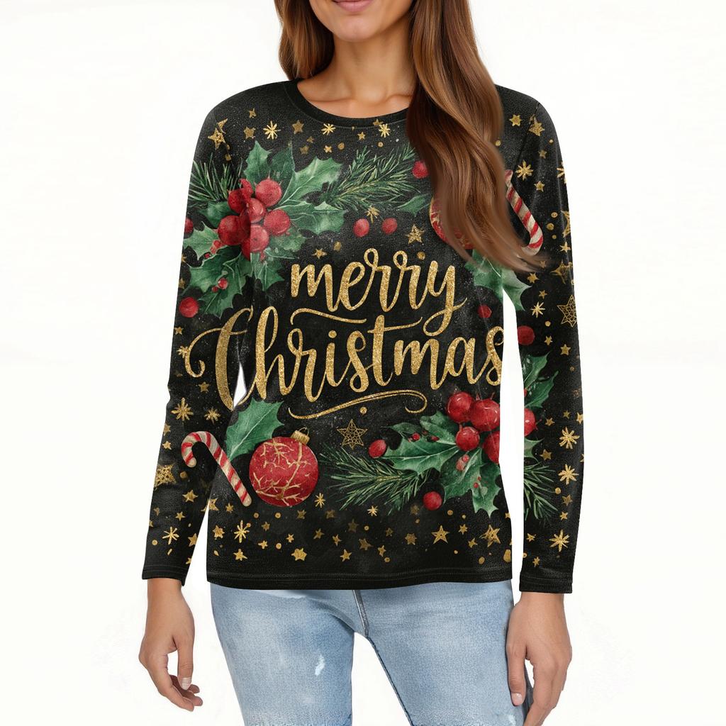 Women's Fashion Casual Long Sleeve  Print Round Neck Top