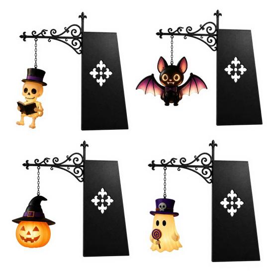 Reading Nook Accents Halloween Iron Library Lamp, Vintage Bookshelf Light with Ghost Pumpkin Bat Study Room Atmosphere Pendants, Nightlight,