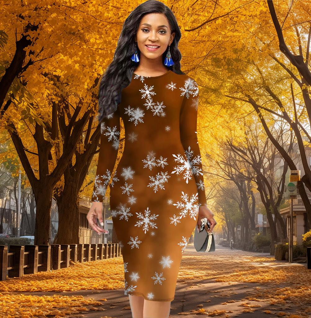 Long Sleeve Waist Tight Office Slim Fit Hexagonal Snowflake Printing Elegant Bodycon Dress