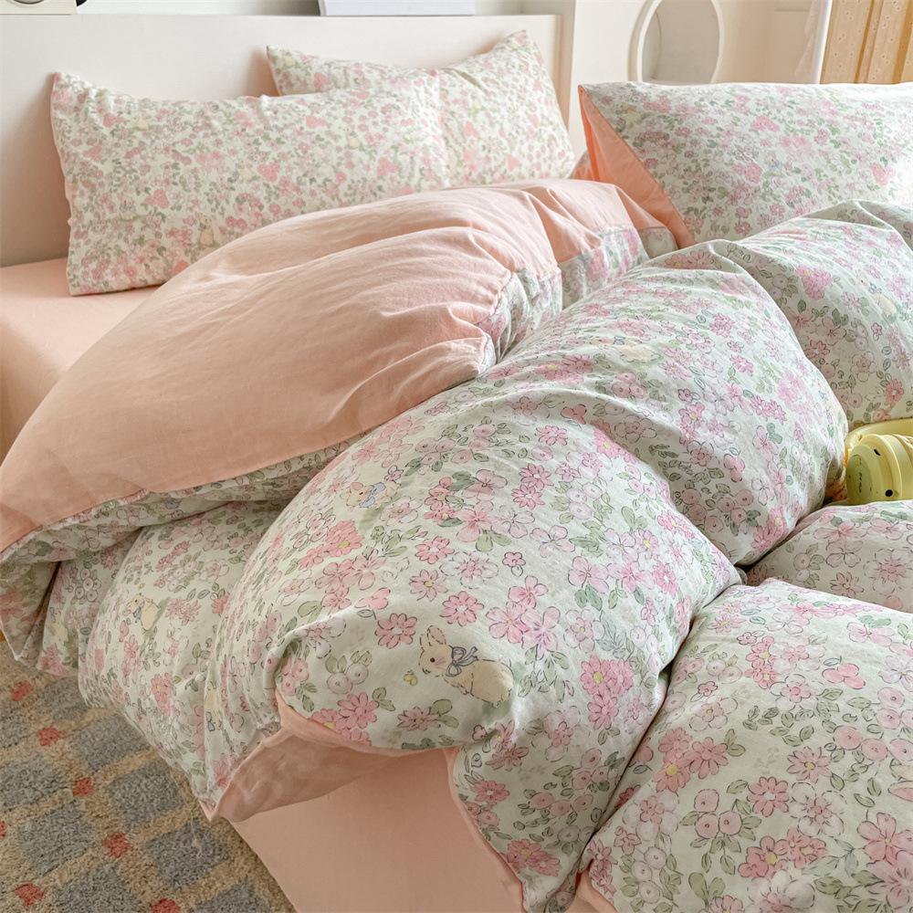 Pure Cotton Class A Maternal And Infant Grade Double-Layer Yarn Four-Piece Set, Summer Breathable Small Floral Dormitory Can Be Washed Without Pilling