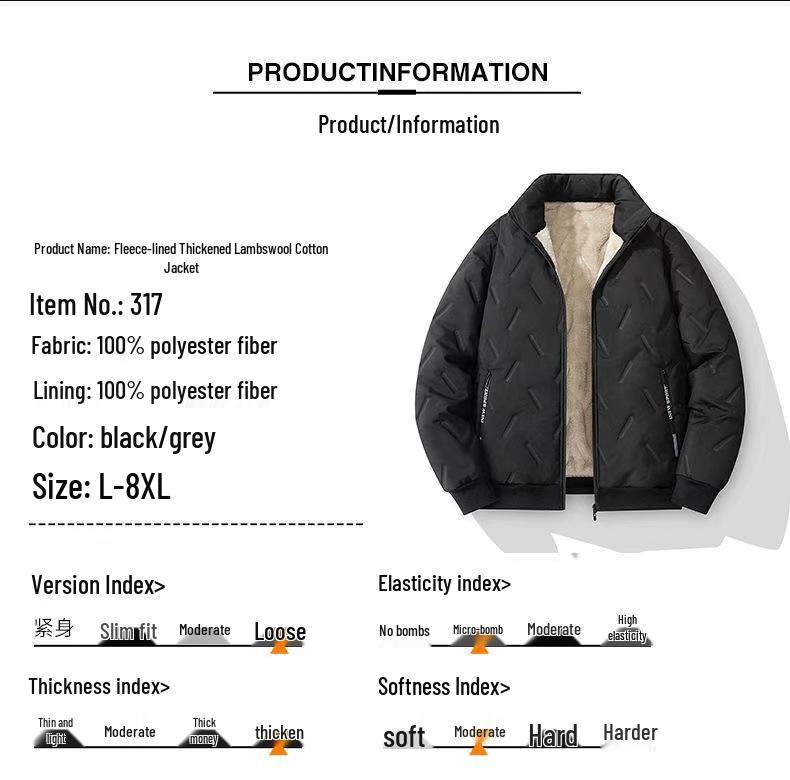Men's Windproof Lambskin Cotton Winter Coat with Velvet, Thick, Loose Fit, Stand Collar, Large Size.