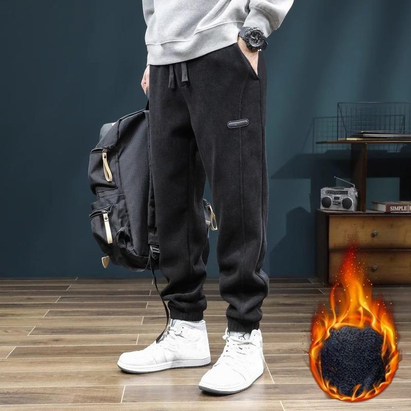 Korean Style Men's Autumn Winter Fleece Lined Loose Plus Size Casual Pants Youth Fashion Comfortable Cuffed Sweatpants