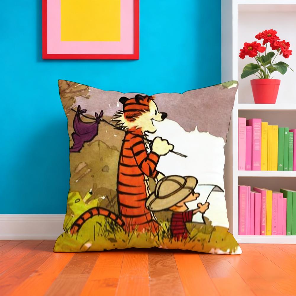 C-Calvin And H-Hobbes Cushion Cover Plush Fabric Soft Double-Sided Printed Sofa Warm Winter Home Gift Pillow Case
