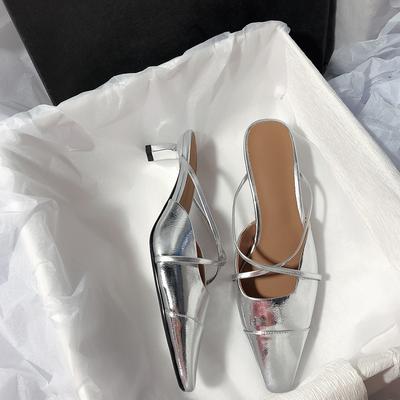 Raffinati tacchi bassi, temperamento semplice, pantofole da esterno con testa a borsa, scarpe Muller casual a un pedale