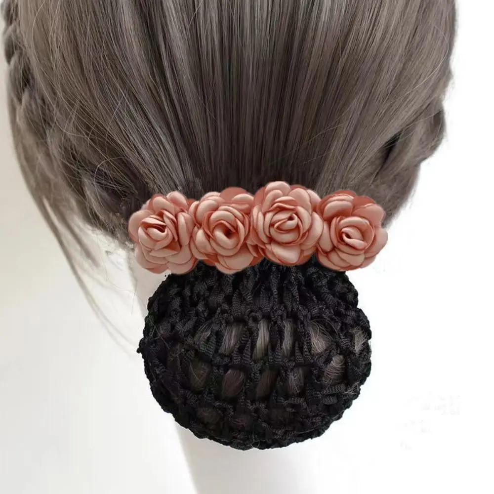 Women Hair Bun Cover Net Snood Hairnet Bow Barrette French Hair Clip Bow Ribbon Flower Hair Accessories for Banks Hotels Staff
