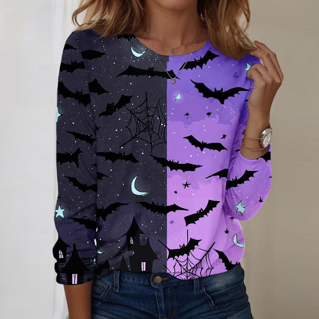 Women Long Sleeve Casual Pullover Sweatshirt Halloween Pumpkin Print Round Neck Top Lightweight Comfortable Fit