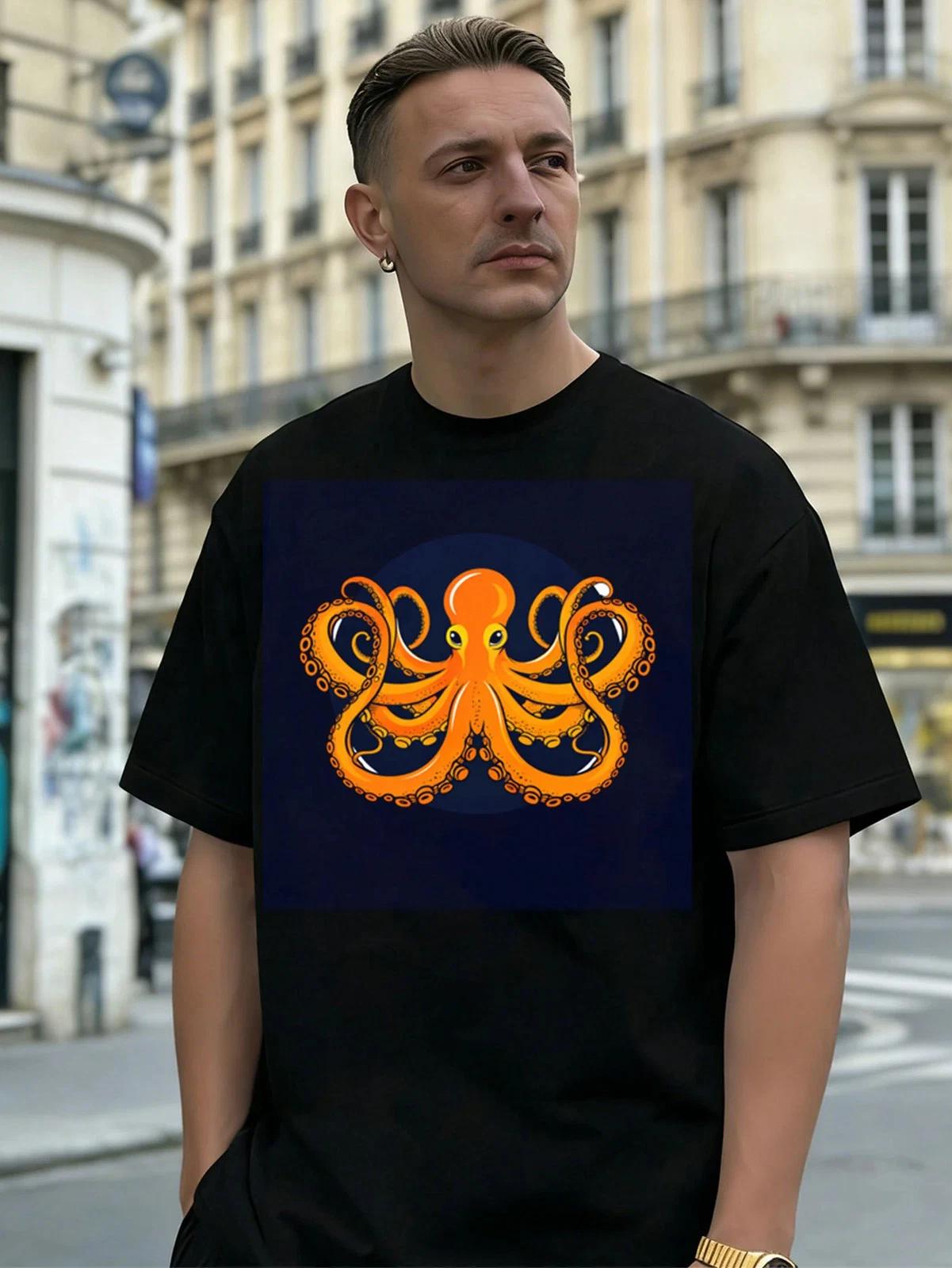 Orange Octopus Graphic 100% Cotton Men s T-Shirt, Suitable for Daily Streetwear XL