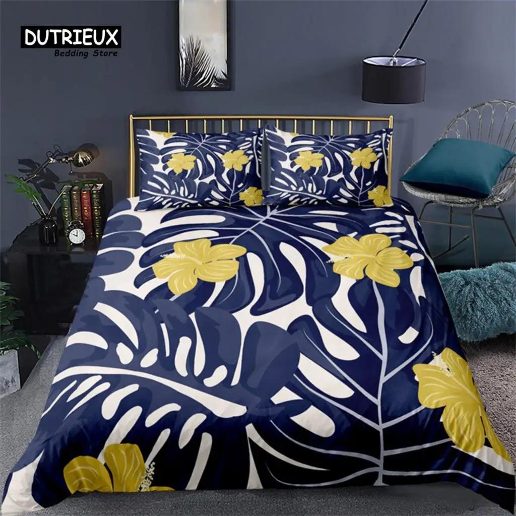 Soft Palm Leaves Comforter Cover Microfiber Tropical Botanical Leaves Bedding Set Double Monstera Leaf Floral Print Duvet Cover
