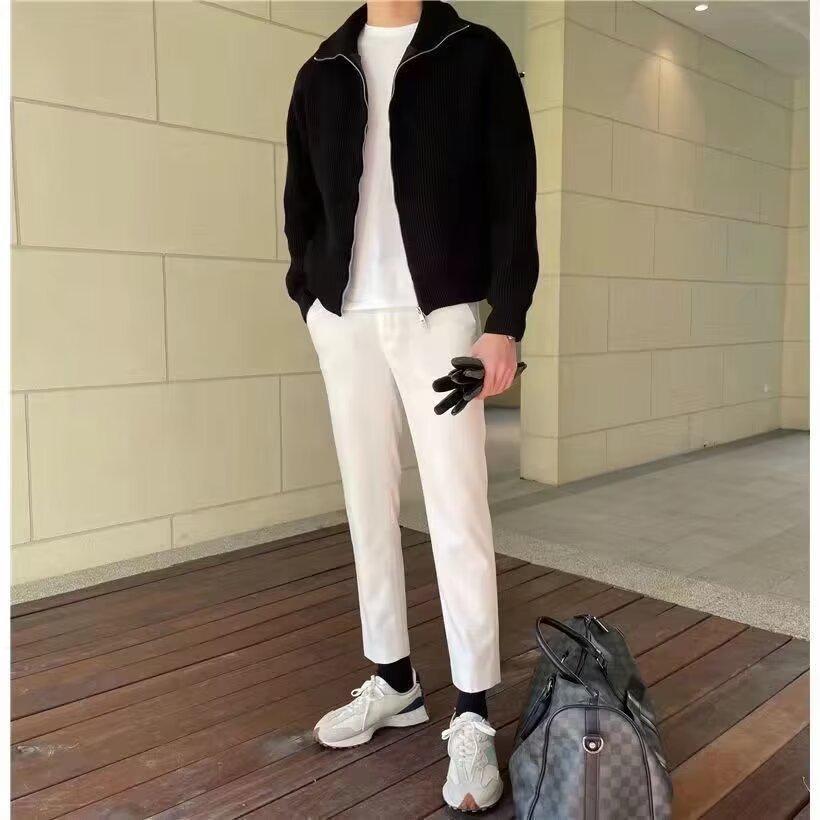 Men's Green Half-Turtleneck Knitted Cardigan with Stand Collar