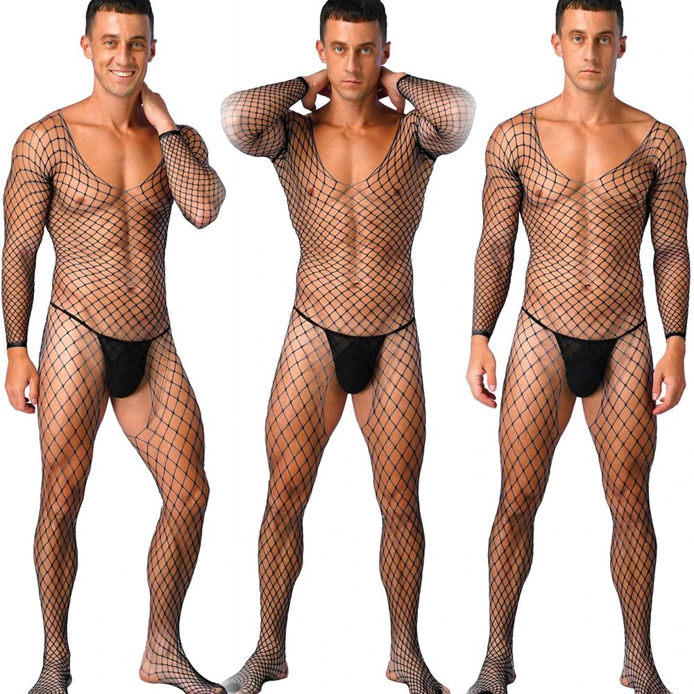 Mens Crotchless Full Bodysuit Black Beige See Through Sexy Bodystocking Lingerie Stretchy Glossy Tights Male Costume