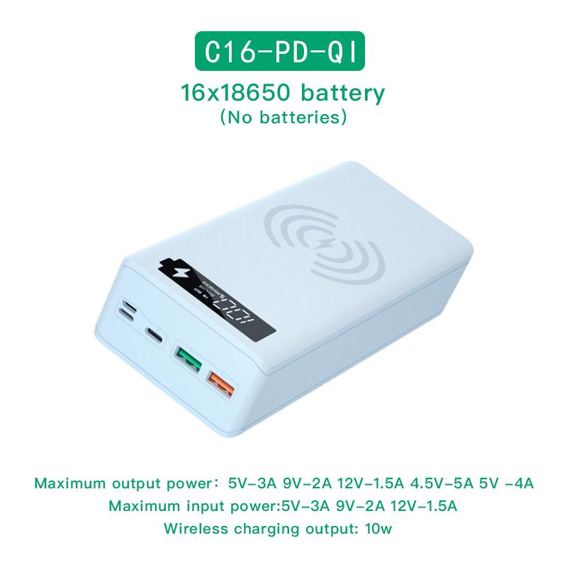 C16N Odnímateľný QC3.0 PD LCD displej Urob si sám 16x18650 puzdro na batériu Puzdro na batériu Power Bank Shell 5W/10W bezdrôtový nabíjací box bez batérie