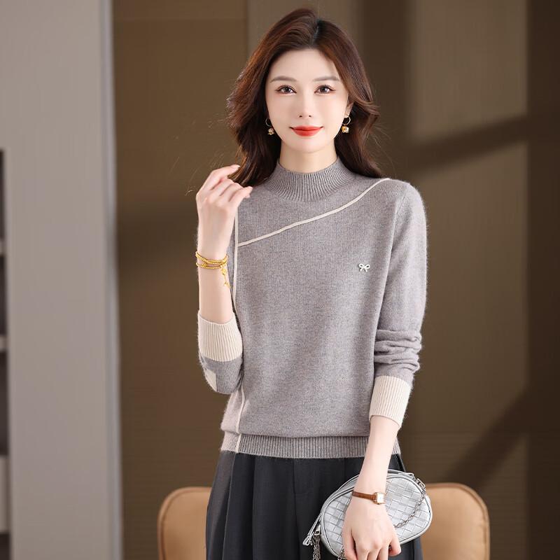 Caiyang Women s Contrast Line Semi-High Collar Knit Sweater XL