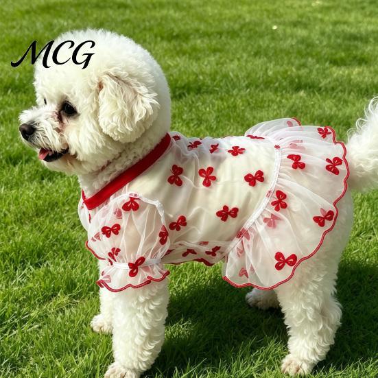 Bow Pattern Pet Dress Sheer Mesh Dog Dress, Ruffled Cute Bowknot Loose Puff Sleeve Sleeve, Breathable Summer Outfit for Small Dogs