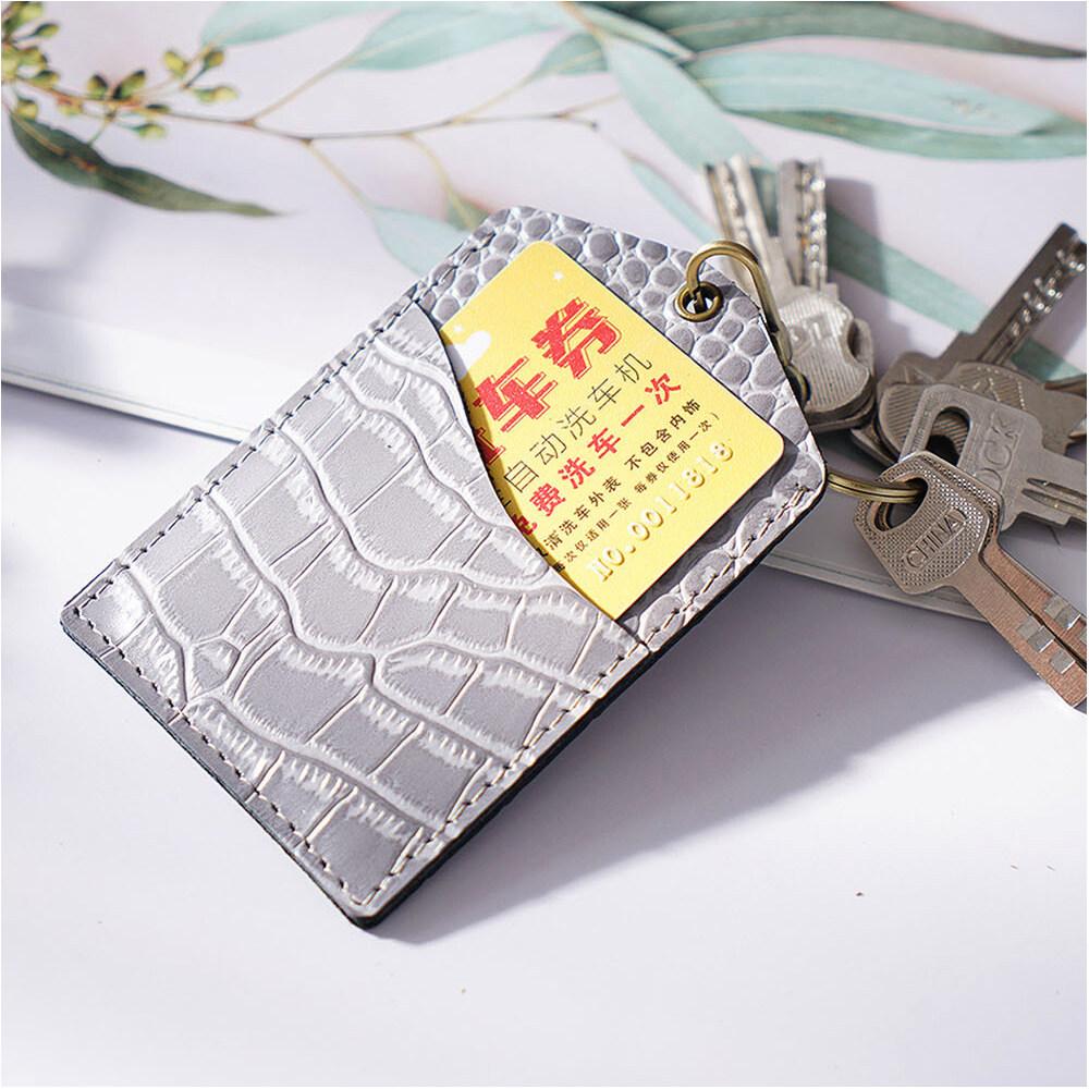 Genuine Leather Crocodile Stripes Office Badge Holder Chest Card Bus Card Campus Access Control Student Meal Card Protective Cases with Keychains