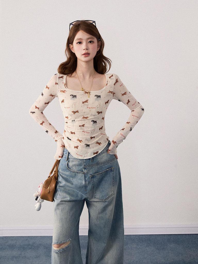 Puppy Print Slim Fit Backless U-Neck Long Sleeve Top - Women's Korean Style Waist-Defining Short T-Shirt for Spring, Autumn, Winter
