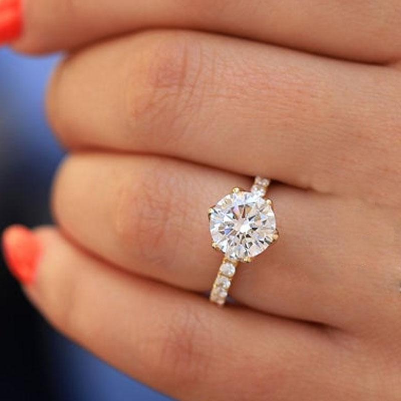 European And American Style Simple Women 'S Wedding Engagement Ring Gold Inlaid Round White Crystal Rhinestone Ring Jewelry