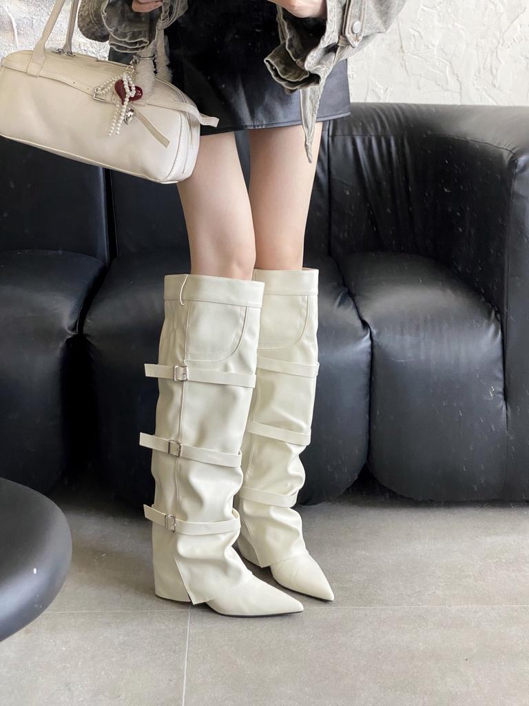 2025 new European and American style belt buckle wide tube thin slope heel pointed boots