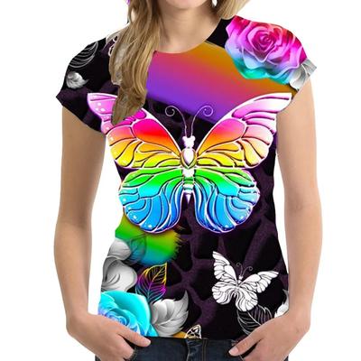 Summer Round Neck 3D Butterfly Print Top Fashionable Casual Short Sleeved Women's T-shirts