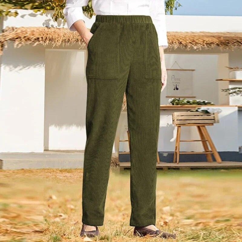 Fashion Straight Corduroy Long Pants Autumn Winter Casual Solid Color Elastic Waist Stripe Trousers Women Loose Fit Warm 30123
