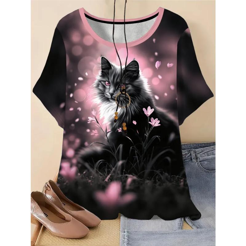 Moda Donna Girocollo Manica Corta Stampa Colore 3D Casual T-shirt Casual a Manica Corta Girocollo